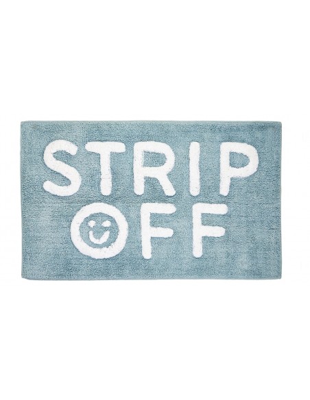 Mėlynas vonios kilimėlis su baltu užrašu "Strip Off"